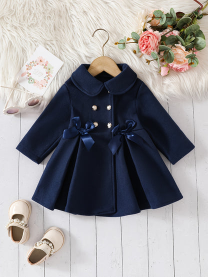 Charming Girls’ Coat – Bow Detail, Double-Breasted, Long Sleeve, Perfect for Fall & Winter
