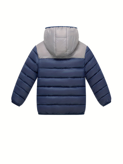 2025 New Lightweight Hooded Jacket – Black & Grey Color-Block, Polyester Lined Winter Coat