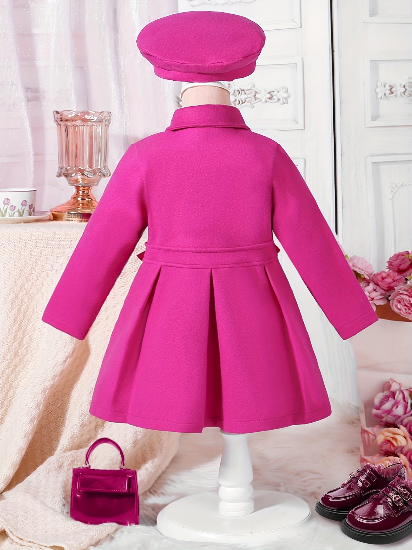 Girls' Autumn and Winter Warm Fashion Bow Double-Breasted Tweed Long Coat with Hat Accessory