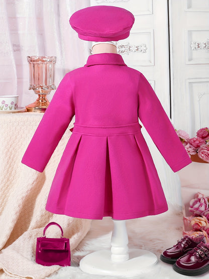 Girls' Autumn and Winter Warm Fashion Bow Double-Breasted Tweed Long Coat with Hat Accessory