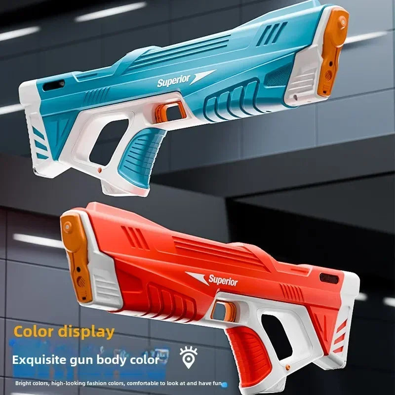 Ultra Shoppings electric water gun for adults and kids, showing a sleek design, battery display, and water reservoir in action.