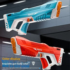 Ultra Shoppings electric water gun for adults and kids, showing a sleek design, battery display, and water reservoir in action.