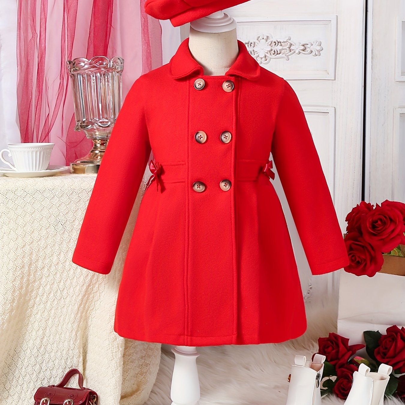 Girls' Autumn and Winter Warm Fashion Bow Double-Breasted Tweed Long Coat with Hat Accessory