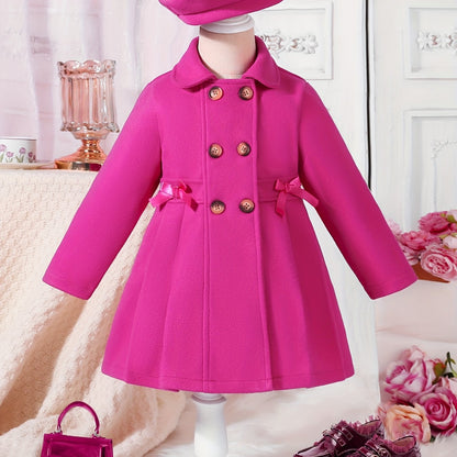 Girls' Autumn and Winter Warm Fashion Bow Double-Breasted Tweed Long Coat with Hat Accessory
