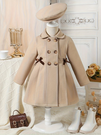 Girls' Autumn and Winter Warm Fashion Bow Double-Breasted Tweed Long Coat with Hat Accessory