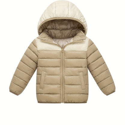 2025 New Lightweight Hooded Jacket – Black & Grey Color-Block, Polyester Lined Winter Coat