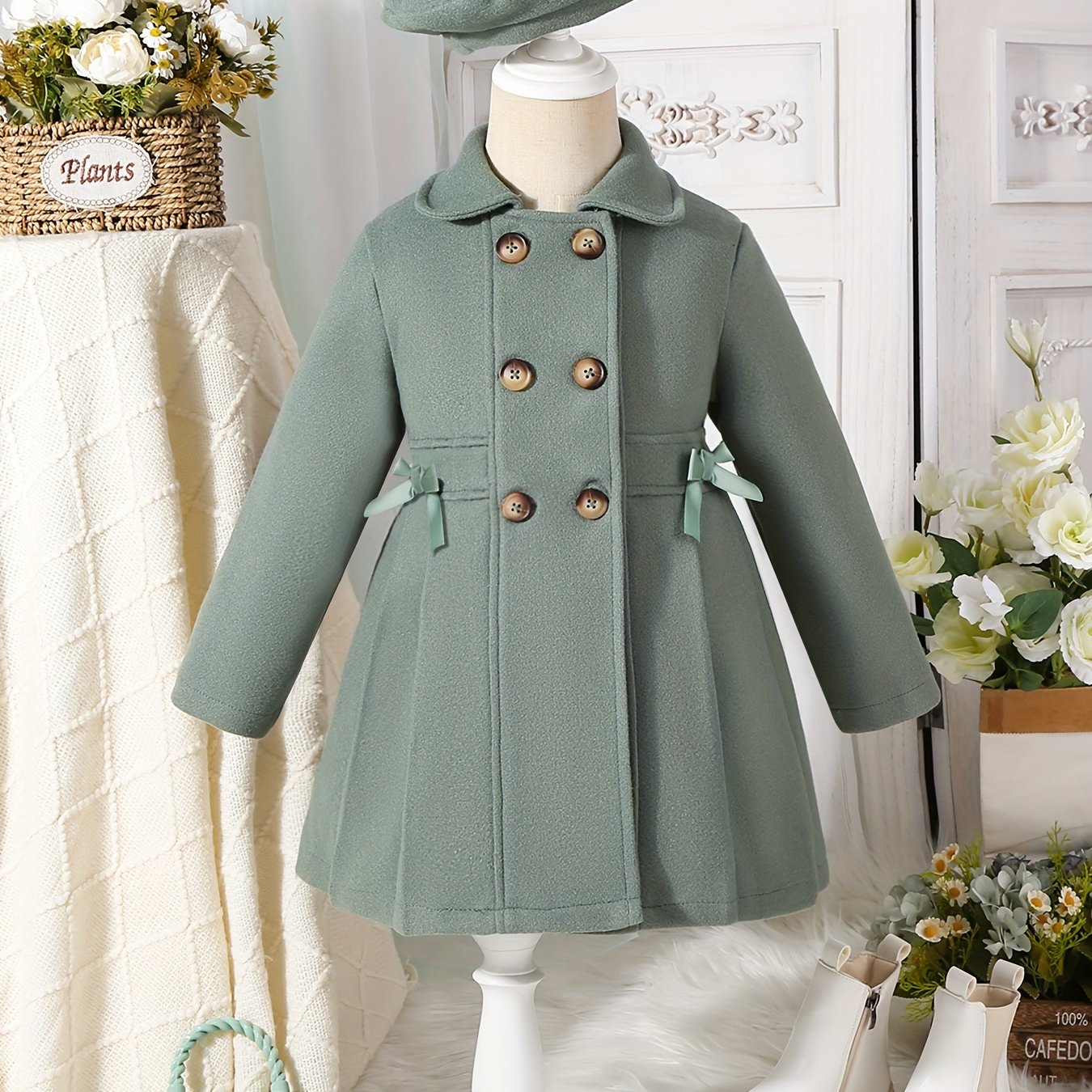 Girls' Autumn and Winter Warm Fashion Bow Double-Breasted Tweed Long Coat with Hat Accessory