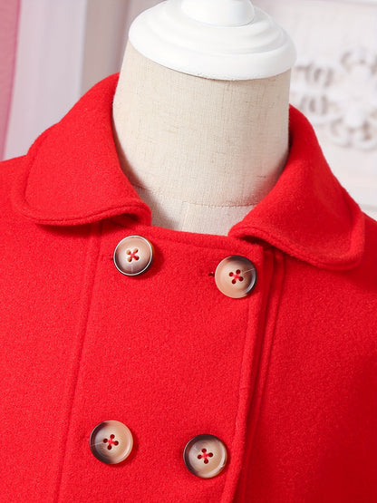 Girls' Autumn and Winter Warm Fashion Bow Double-Breasted Tweed Long Coat with Hat Accessory