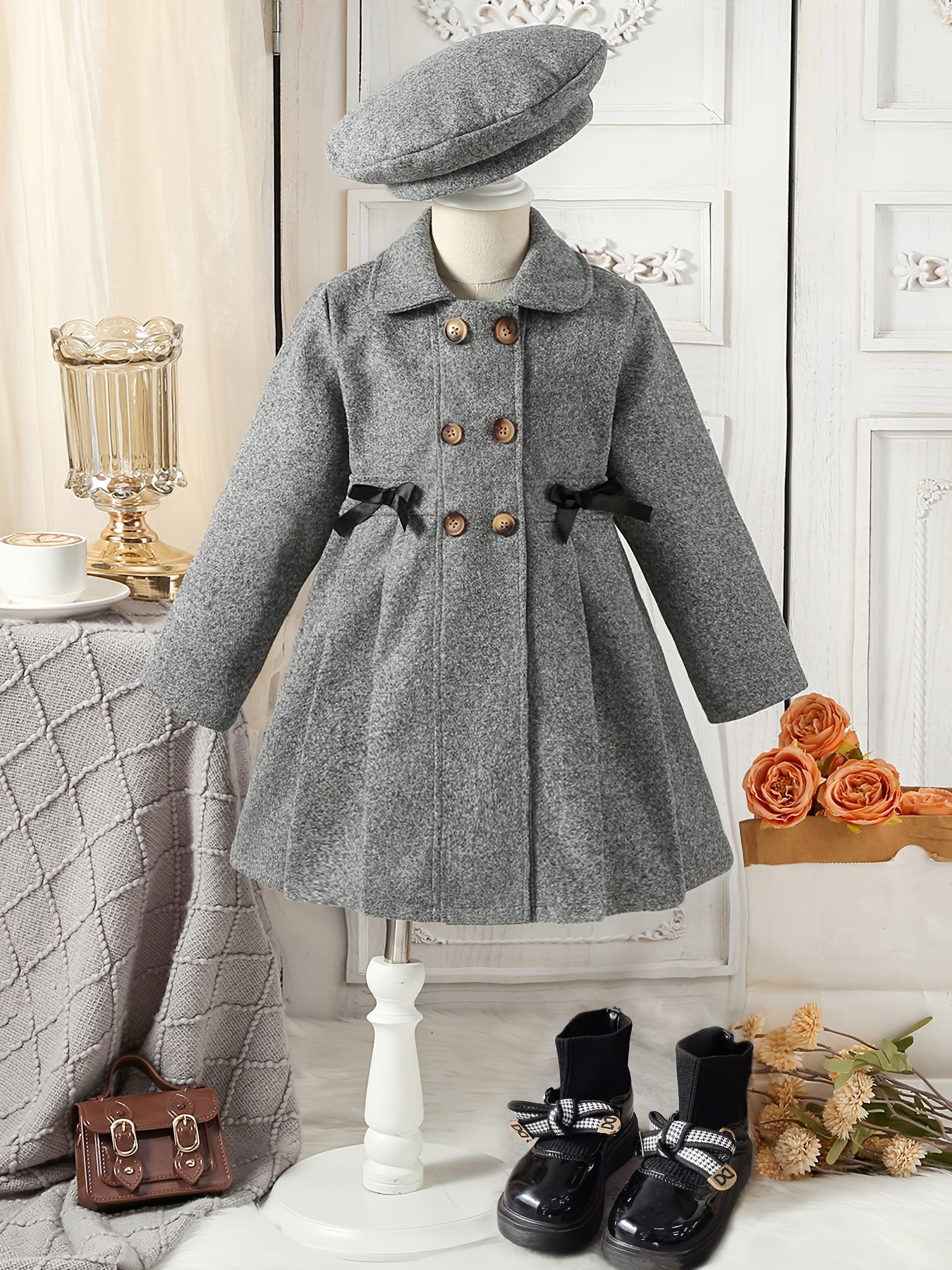 Girls' Autumn and Winter Warm Fashion Bow Double-Breasted Tweed Long Coat with Hat Accessory