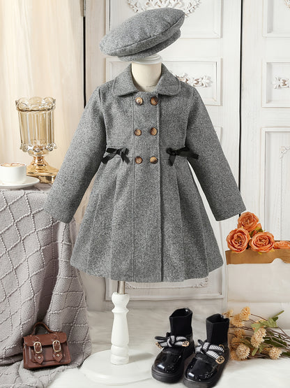 Girls' Autumn and Winter Warm Fashion Bow Double-Breasted Tweed Long Coat with Hat Accessory