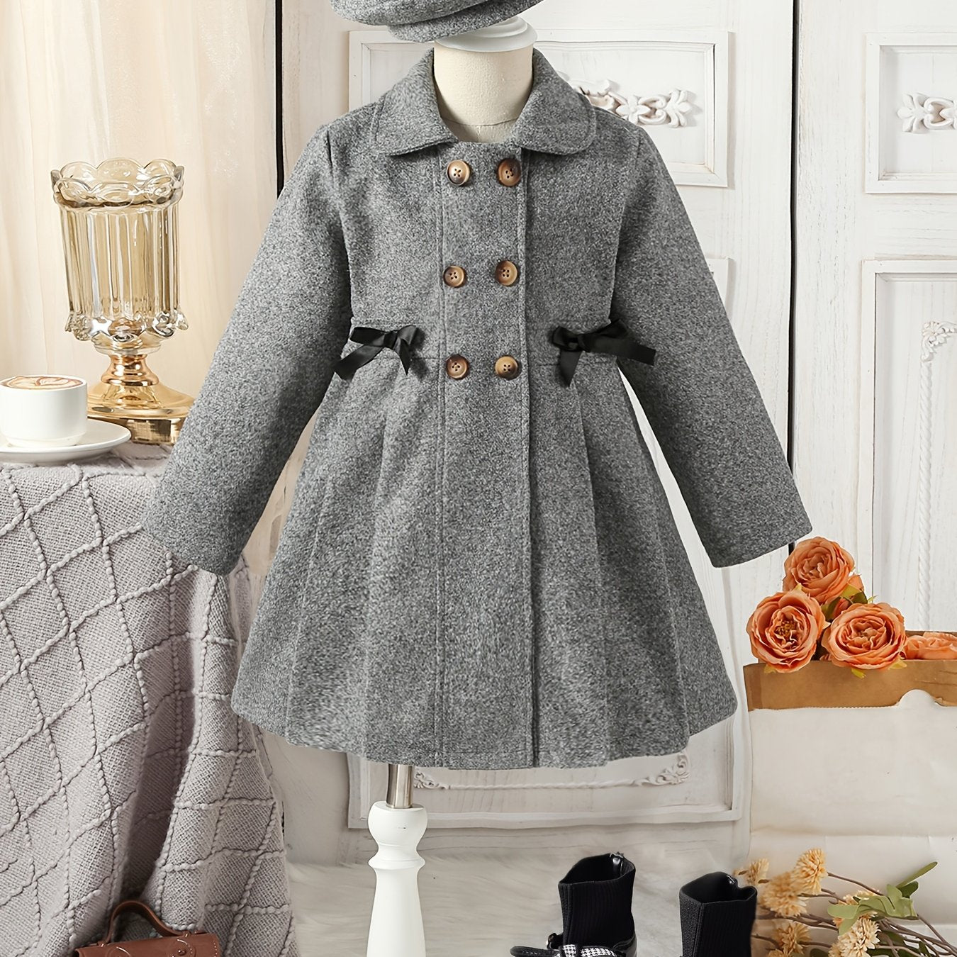 Girls' Autumn and Winter Warm Fashion Bow Double-Breasted Tweed Long Coat with Hat Accessory