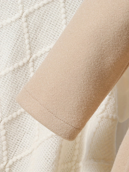 Girls' Autumn and Winter Warm Fashion Bow Double-Breasted Tweed Long Coat with Hat Accessory