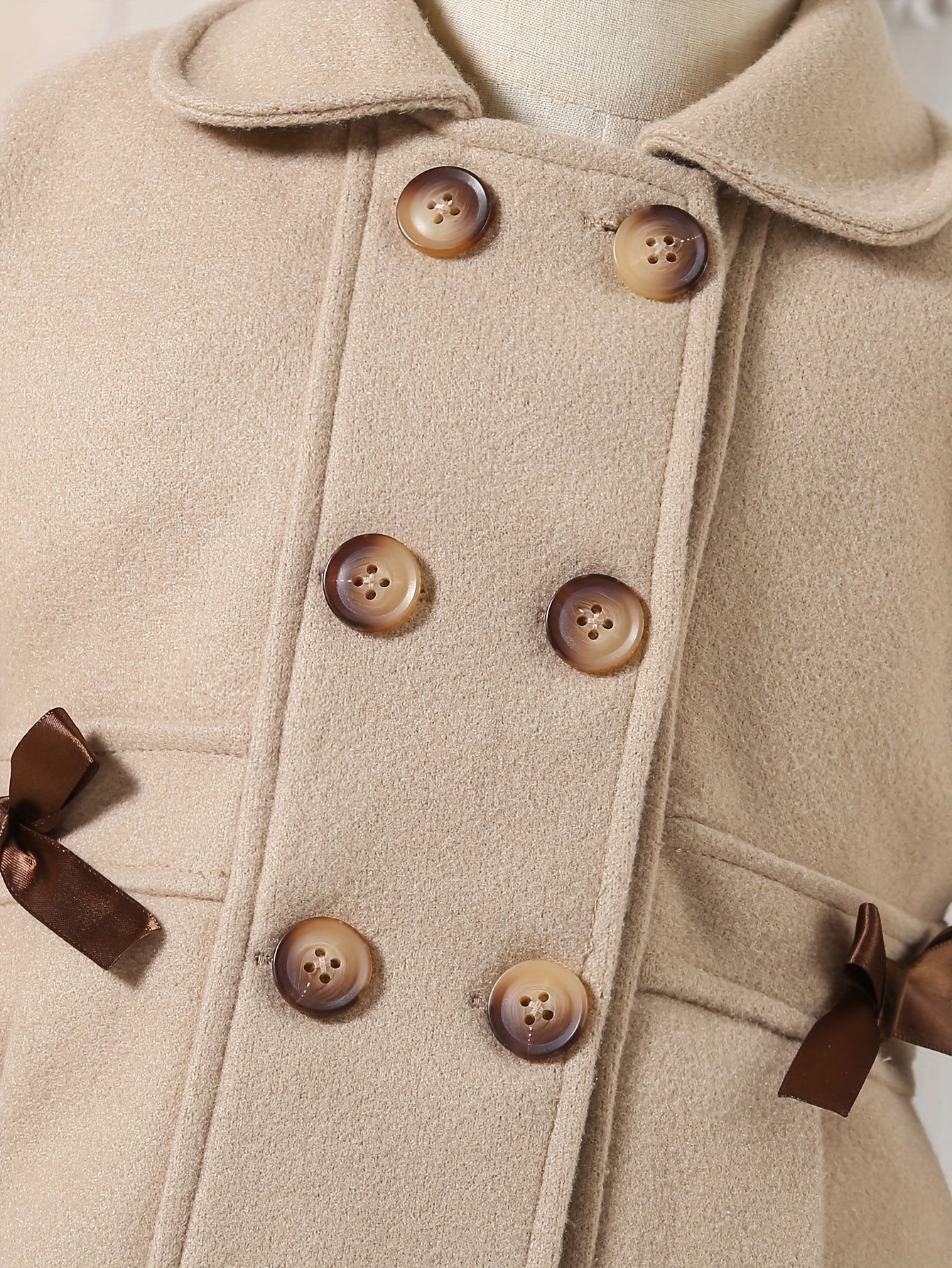 Girls' Autumn and Winter Warm Fashion Bow Double-Breasted Tweed Long Coat with Hat Accessory