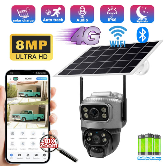 8MP 4K Solar Security Camera | 4G/WiFi | Dual Lens | PIR Motion | Night Vision