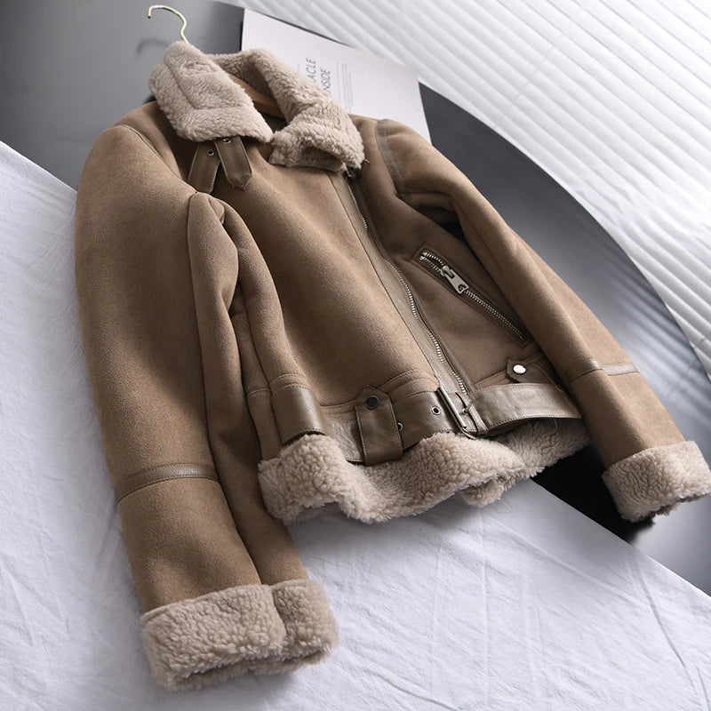 Women's Faux Shearling Suede Biker Jacket – Warm Winter Coat