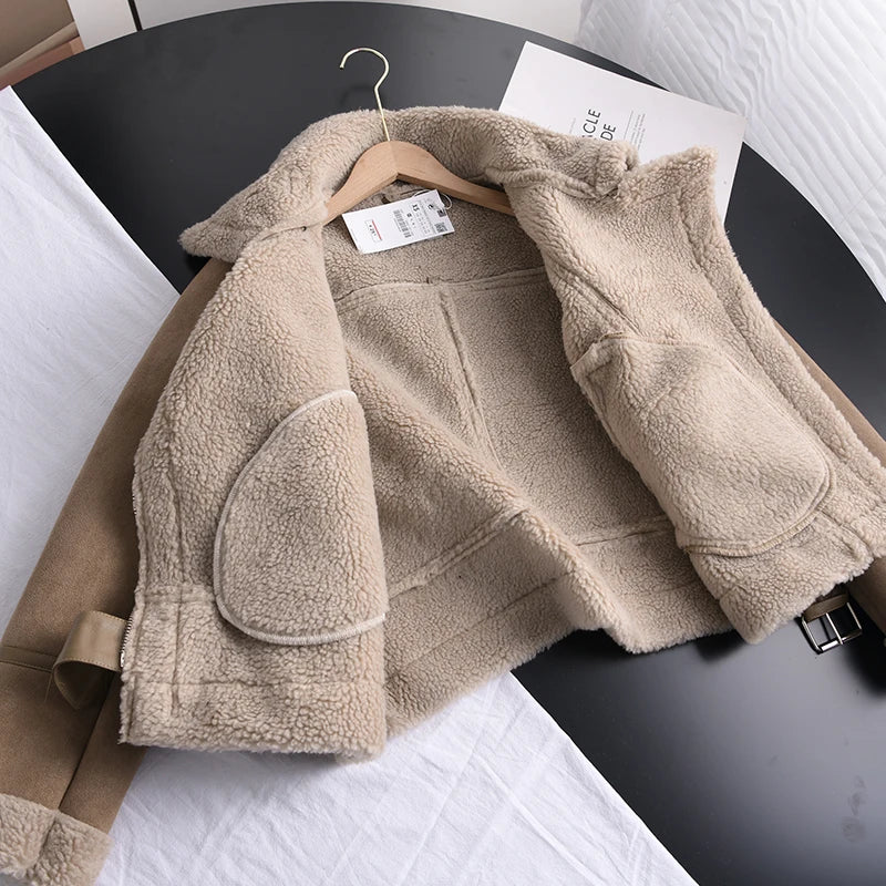Women's Faux Shearling Suede Biker Jacket – Warm Winter Coat
