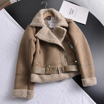 Women's Faux Shearling Suede Biker Jacket – Warm Winter Coat