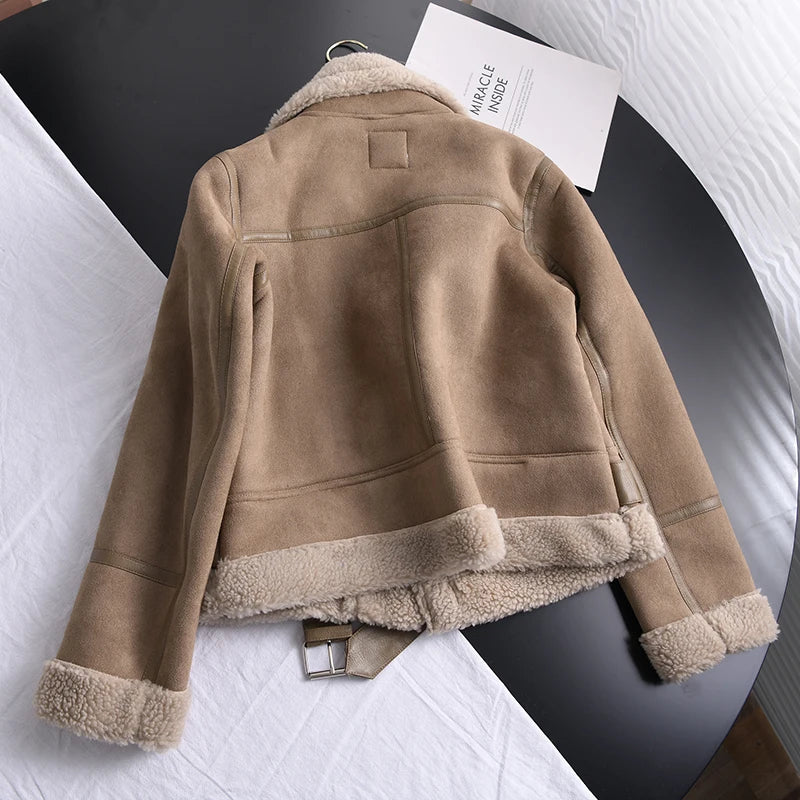 Women's Faux Shearling Suede Biker Jacket – Warm Winter Coat