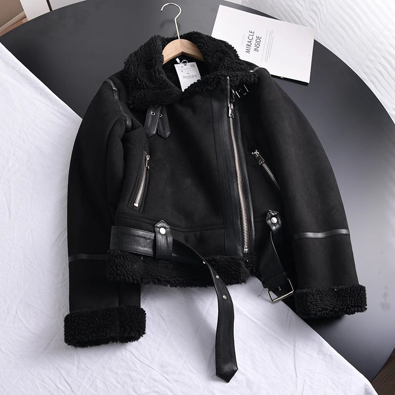 Women's Faux Shearling Suede Biker Jacket – Warm Winter Coat