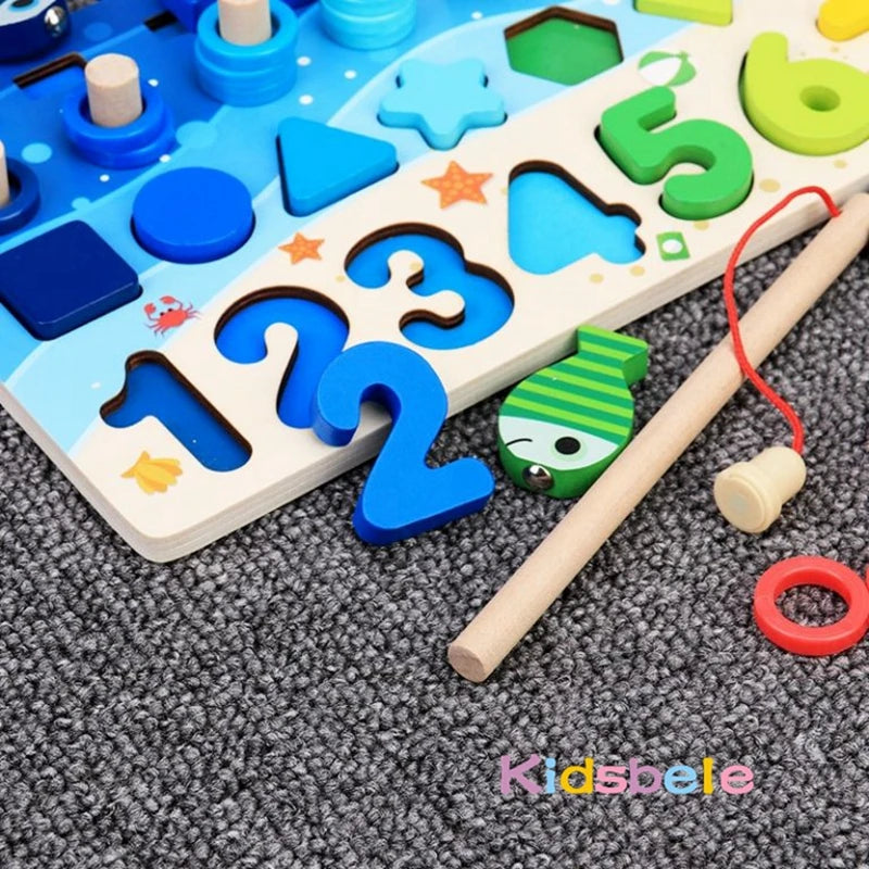 Montessori Math Puzzle Toy – Wooden Fishing & Shape Matching Game for Toddlers