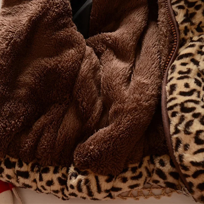 Thick Warm Infant Jacket – Leopard Print with Fur Collar