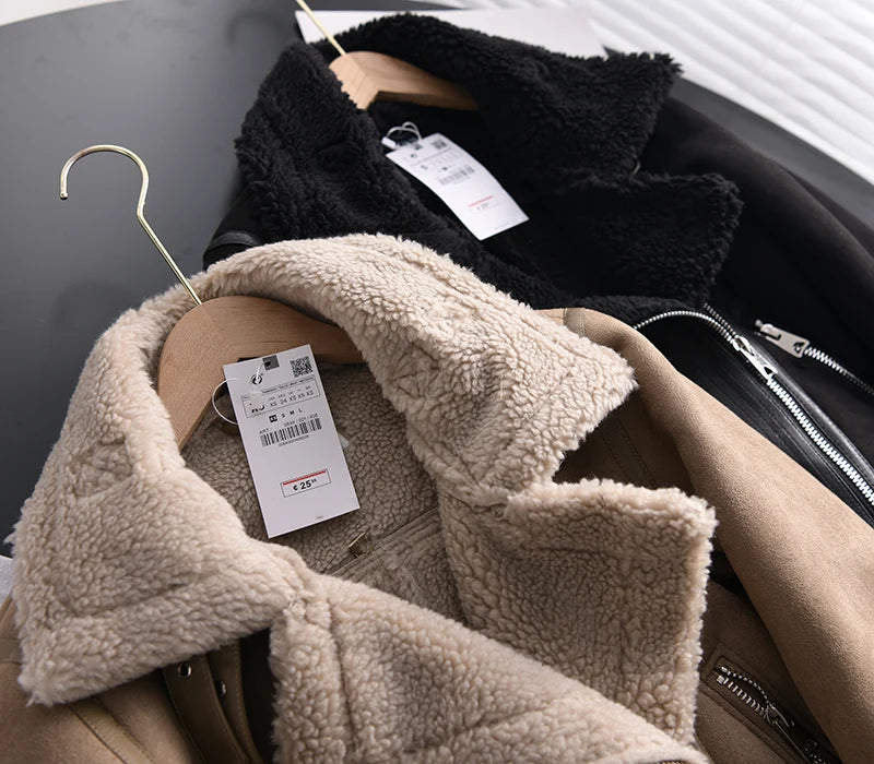 Women's Faux Shearling Suede Biker Jacket – Warm Winter Coat