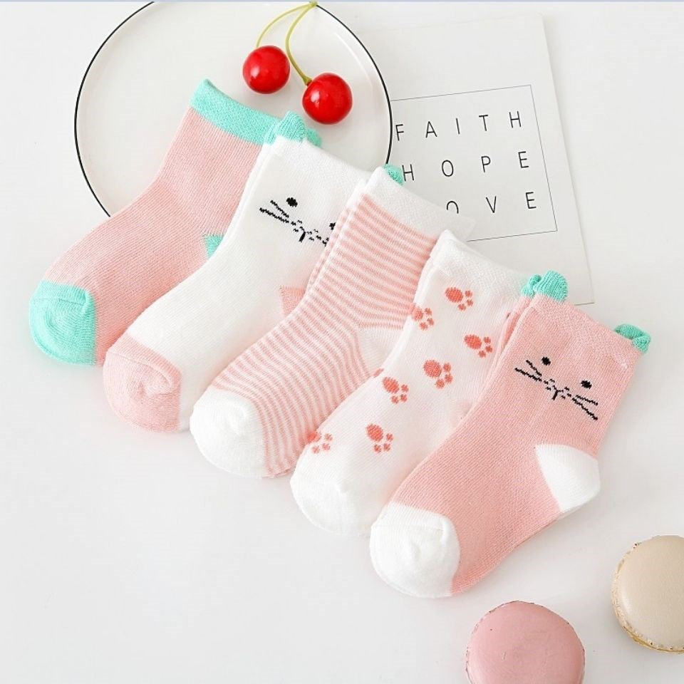 Cute Animal Baby Socks – Cat Design, 5-Pack (0–6Y)
