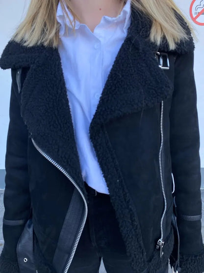 Women's Faux Shearling Suede Biker Jacket – Warm Winter Coat