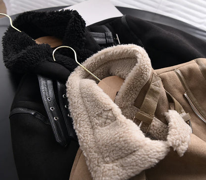 Women's Faux Shearling Suede Biker Jacket – Warm Winter Coat