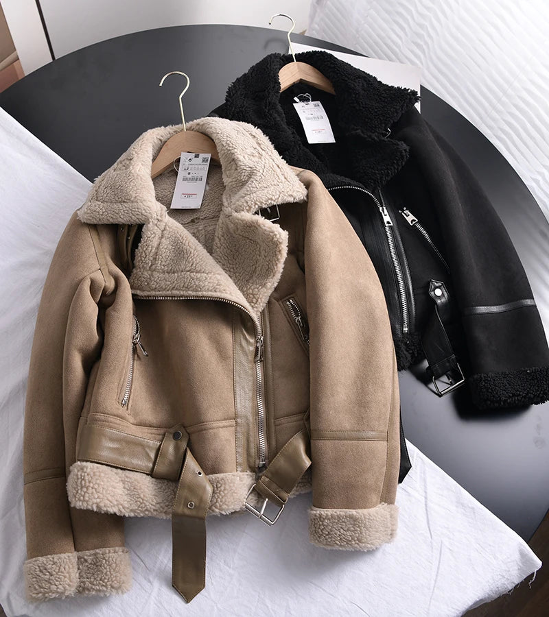 Women's Faux Shearling Suede Biker Jacket – Warm Winter Coat