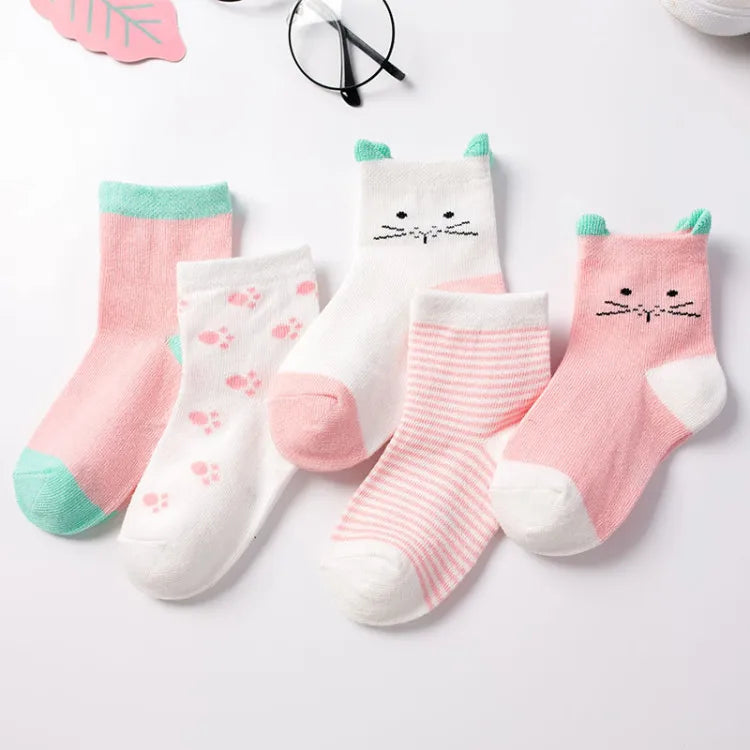Cute Animal Baby Socks – Cat Design, 5-Pack (0–6Y)