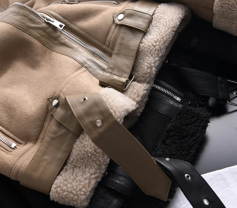 Women's Faux Shearling Suede Biker Jacket – Warm Winter Coat