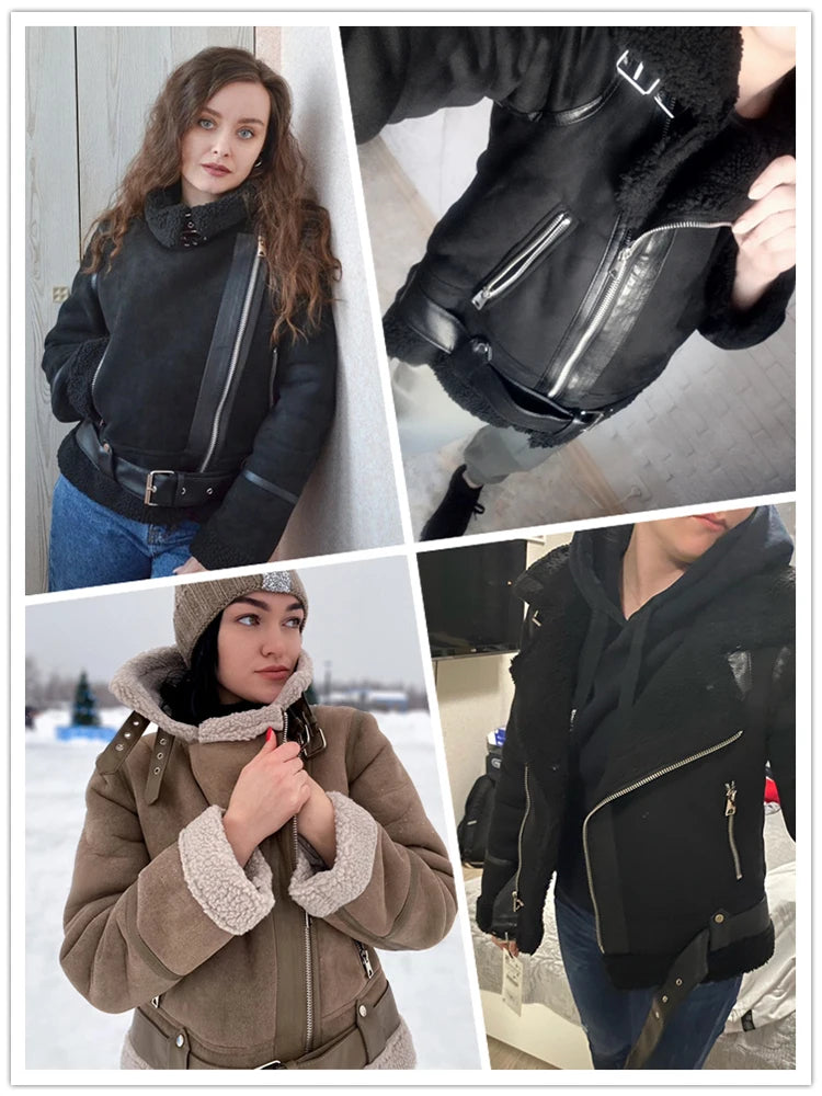 Women's Faux Shearling Suede Biker Jacket – Warm Winter Coat
