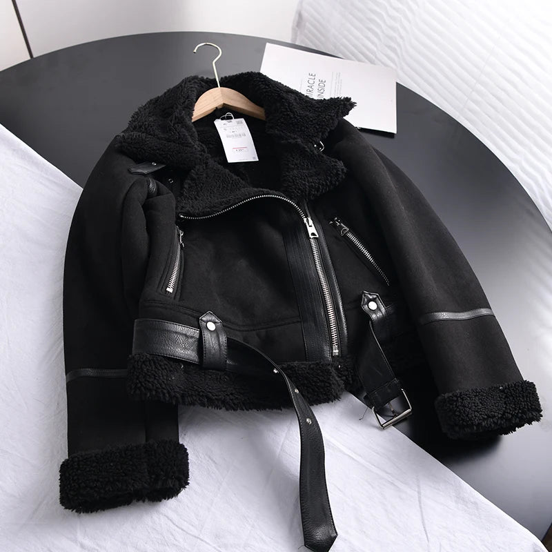 Women's Faux Shearling Suede Biker Jacket – Warm Winter Coat