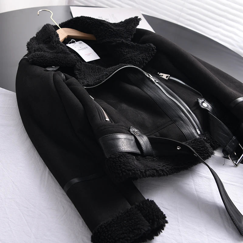 Women's Faux Shearling Suede Biker Jacket – Warm Winter Coat