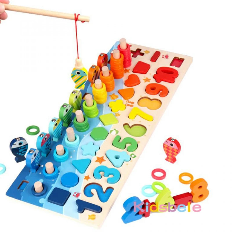 Montessori Math Puzzle Toy – Wooden Fishing & Shape Matching Game for Toddlers