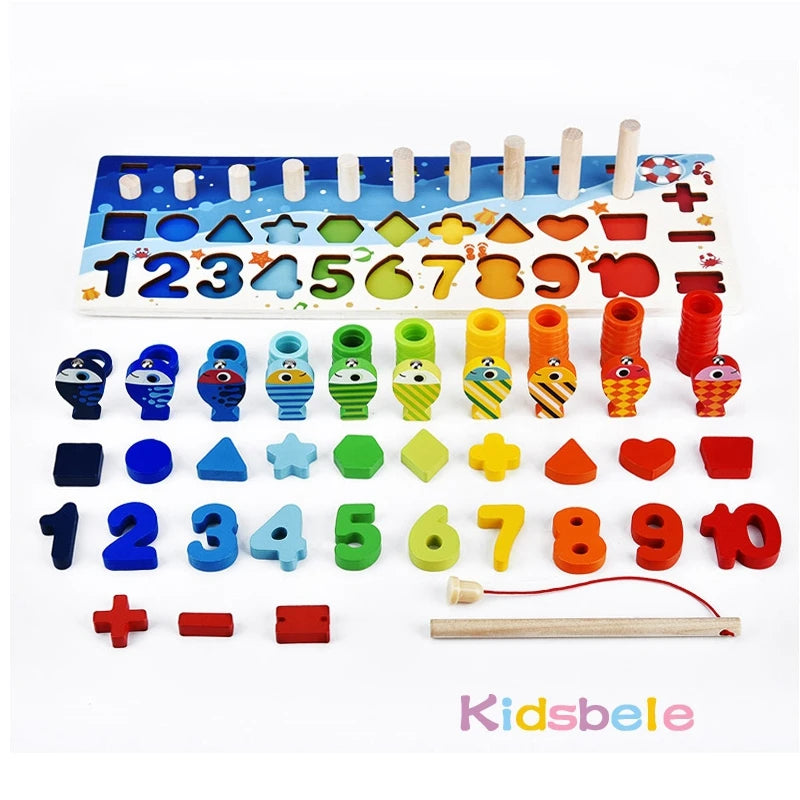 Montessori Math Puzzle Toy – Wooden Fishing & Shape Matching Game for Toddlers