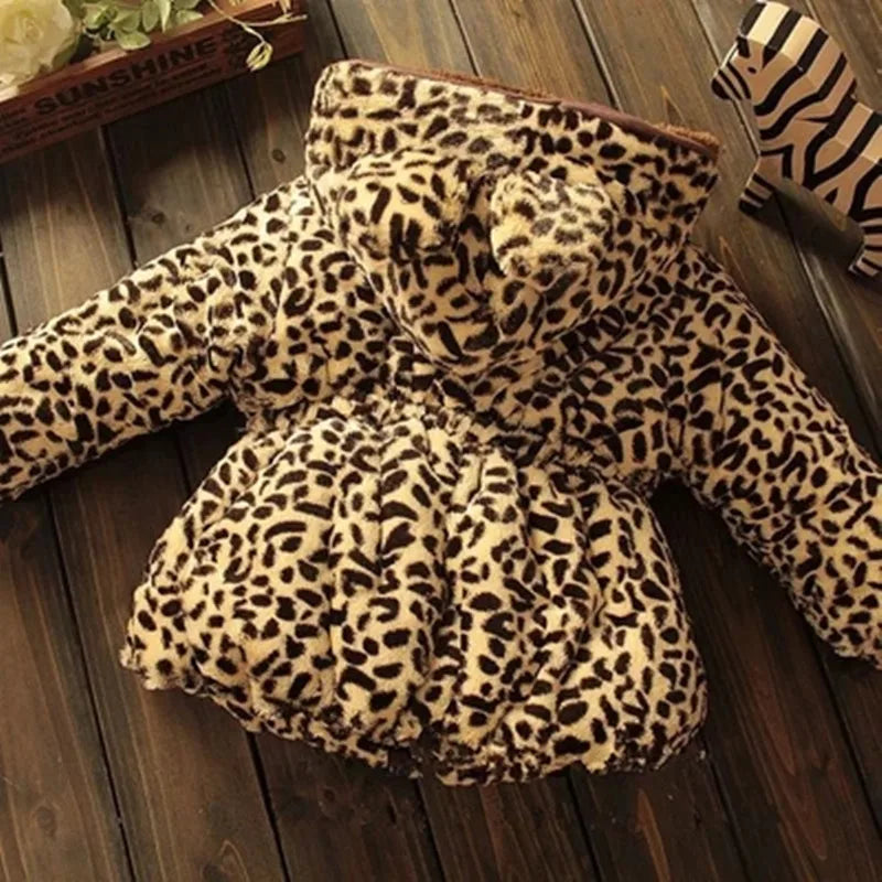 Thick Warm Infant Jacket – Leopard Print with Fur Collar