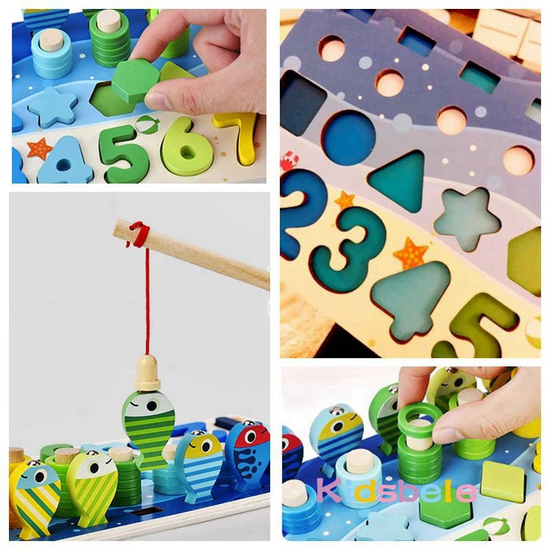 Montessori Math Puzzle Toy – Wooden Fishing & Shape Matching Game for Toddlers