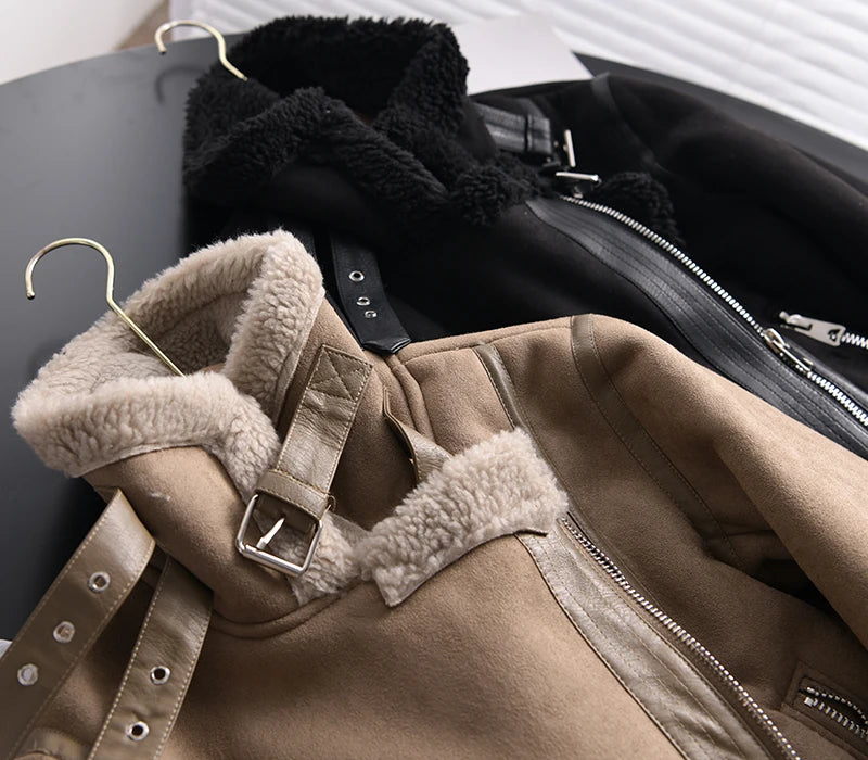 Women's Faux Shearling Suede Biker Jacket – Warm Winter Coat