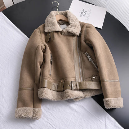 Women's Faux Shearling Suede Biker Jacket – Warm Winter Coat