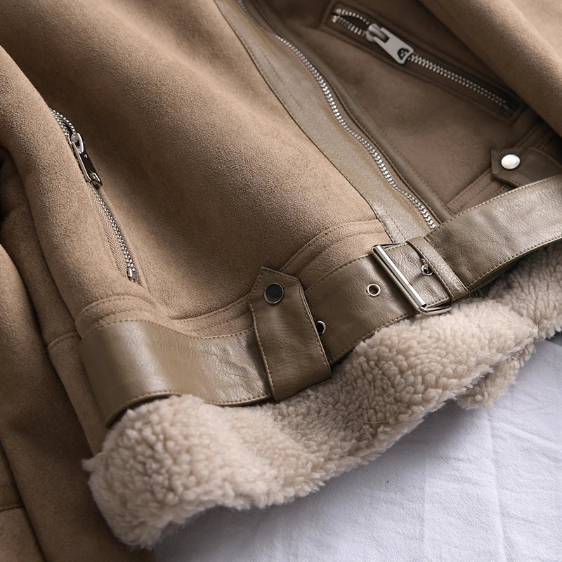 Women's Faux Shearling Suede Biker Jacket – Warm Winter Coat