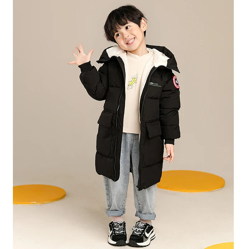 Autumn & Winter Boys Hooded Jacket - Solid Color Long Style, Warm & Cozy for Kids - Perfect Birthday Gift!