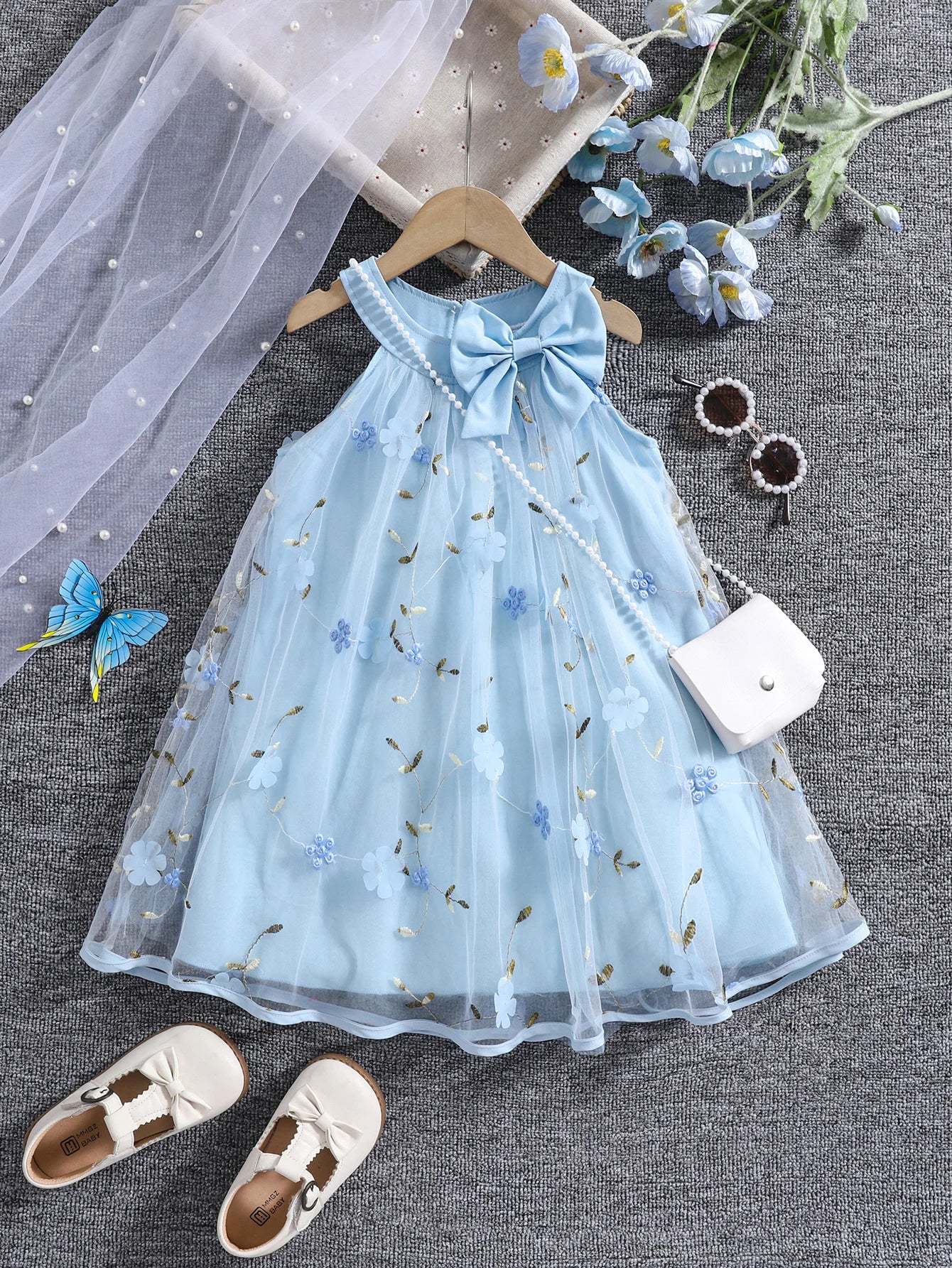 Girls' Summer Halter Dress with 3D Flowers & Bag