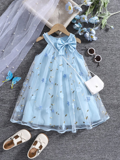 Girls' Summer Halter Dress with 3D Flowers & Bag
