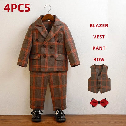 Kids’ Red Plaid Blazer Set – 1–10Y Boys’ Formal Performance Outfit