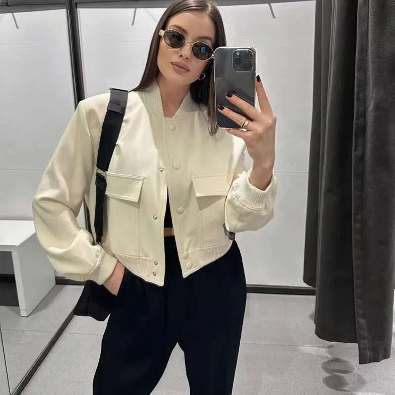 Women's White Cropped Bomber Jacket – Stylish Aviator Coat for Autumn & Winter