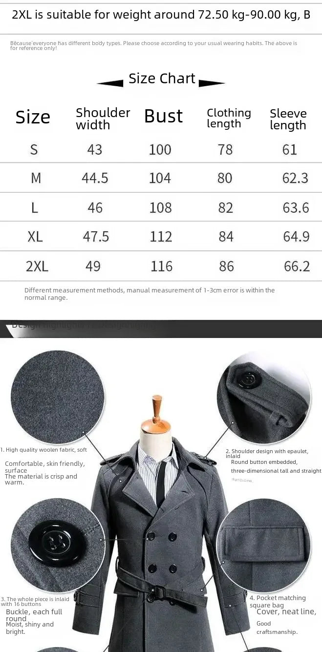 British Style Trench Coat for Men – Slim Fit Woolen Overcoat