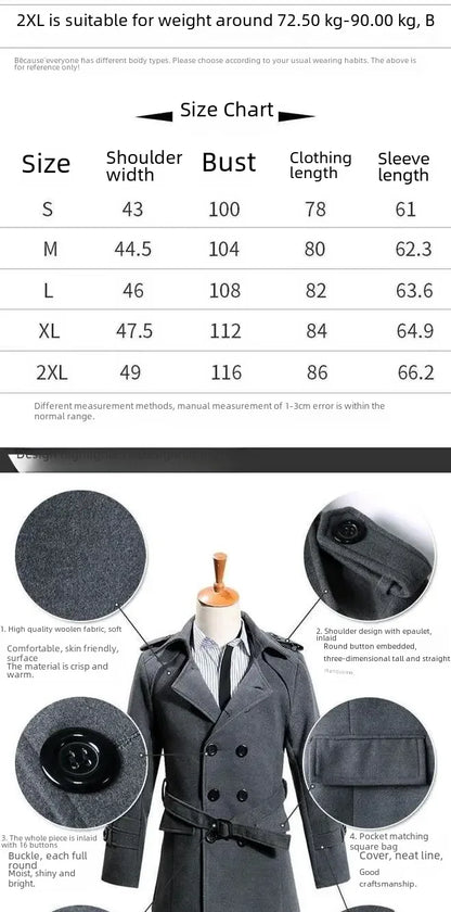 British Style Trench Coat for Men – Slim Fit Woolen Overcoat