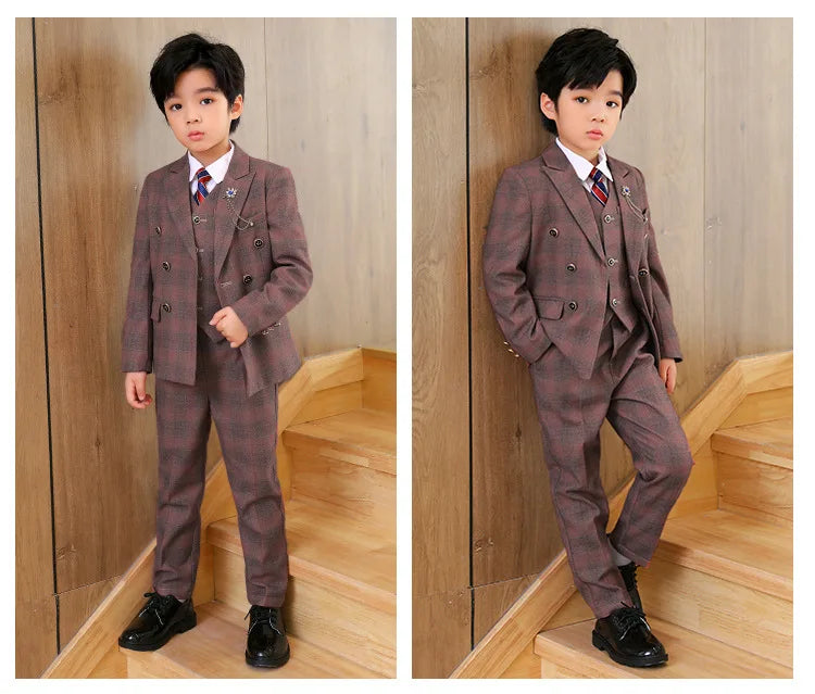 Boys’ 3-Piece Plaid Suit – Blazer, Vest & Pants (1–14Y)